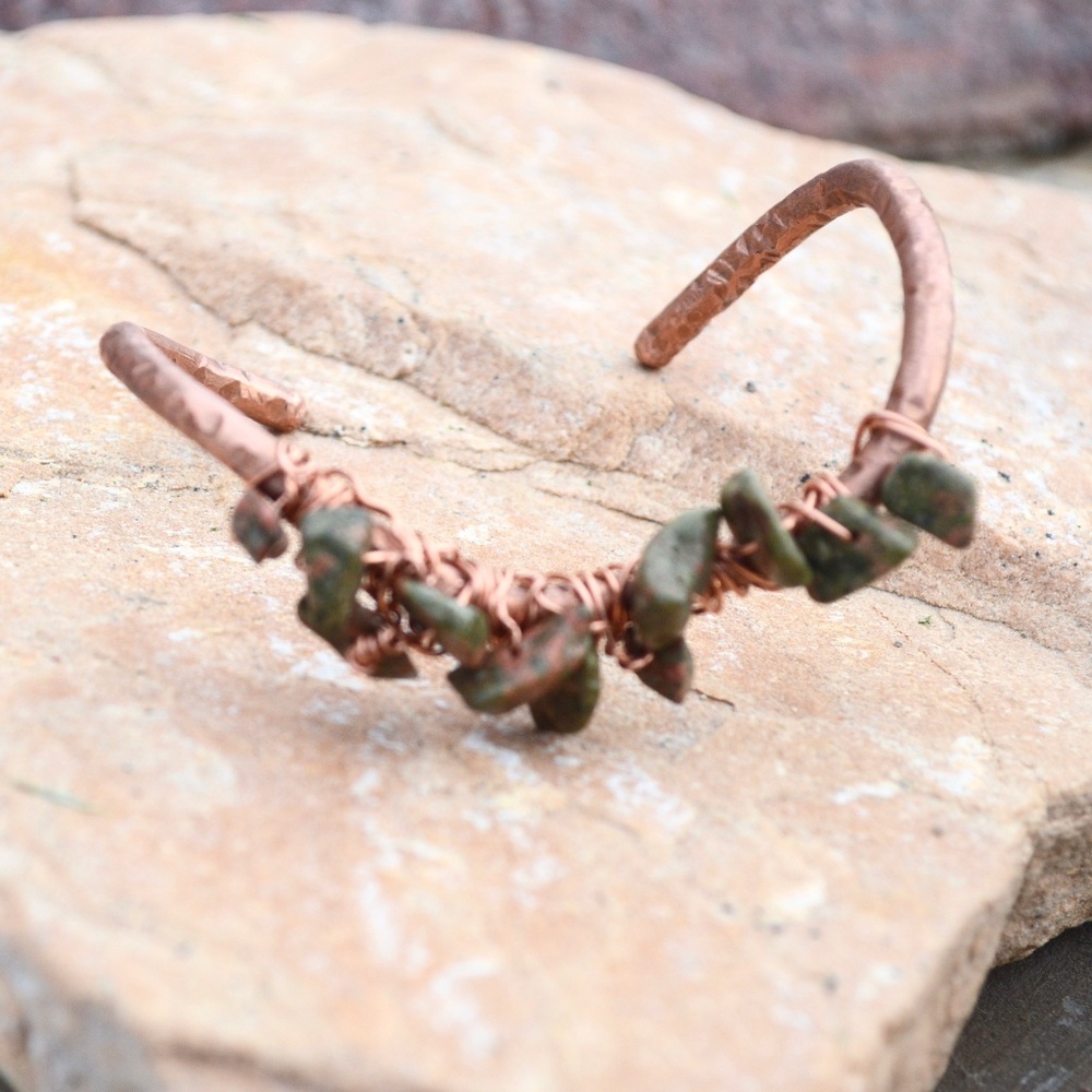 Unakite Copper Cuff Wire Wrapped Bracelet Reiki - Picture 4 of 7